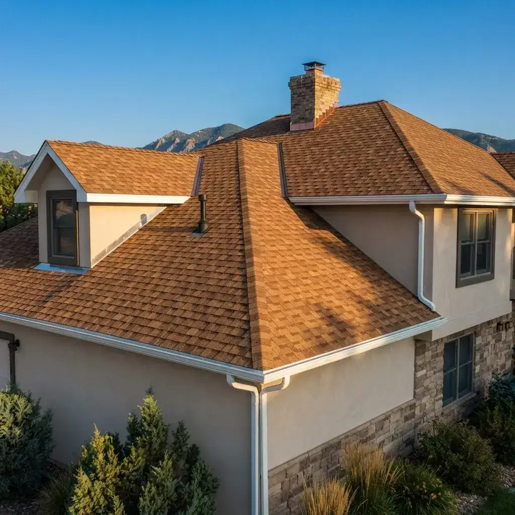 Completed architectural shingle roof on a Colorado Front Range home with ridge vent, flashing, drip edge, and gutters